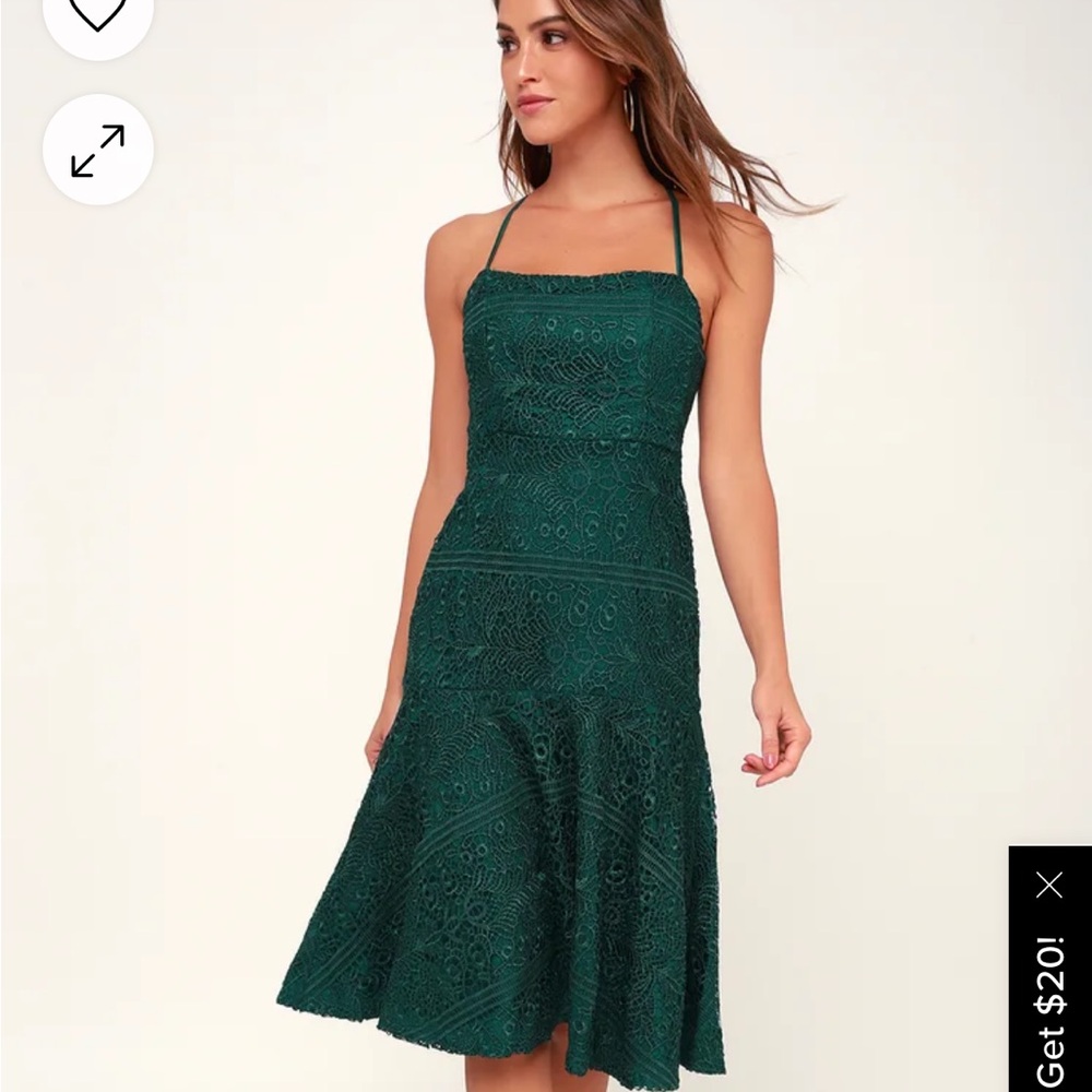 LuLus Magic Moments Forest Green Lace-Up Lace Midi Dress - cocktail . Formal